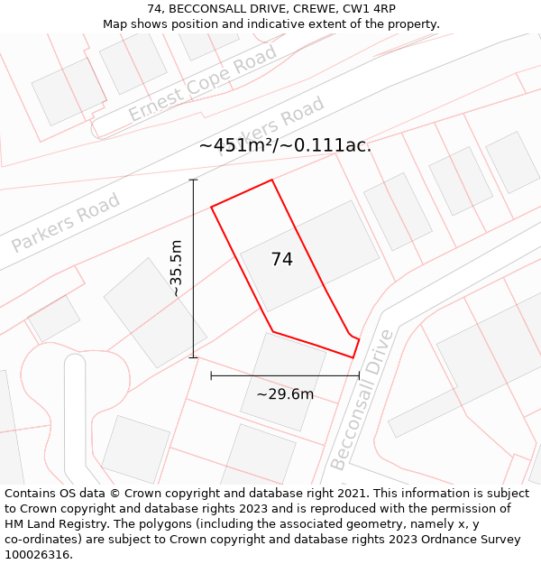 74, BECCONSALL DRIVE, CREWE, CW1 4RP: Plot and title map