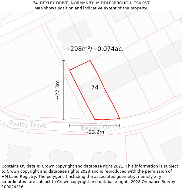 74, BEXLEY DRIVE, NORMANBY, MIDDLESBROUGH, TS6 0ST: Plot and title map