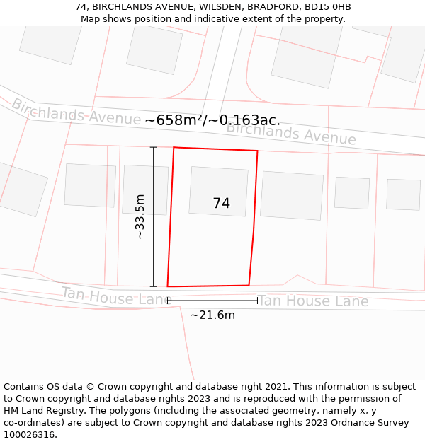 74, BIRCHLANDS AVENUE, WILSDEN, BRADFORD, BD15 0HB: Plot and title map