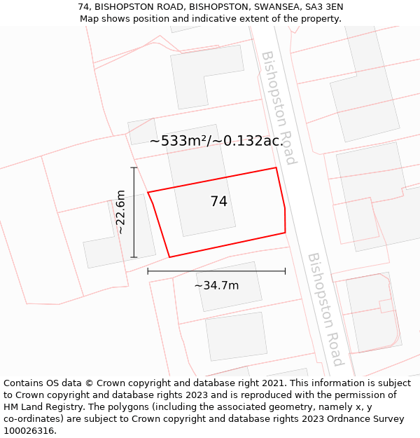 74, BISHOPSTON ROAD, BISHOPSTON, SWANSEA, SA3 3EN: Plot and title map