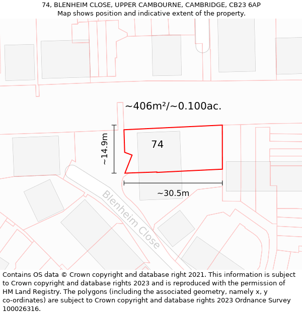 74, BLENHEIM CLOSE, UPPER CAMBOURNE, CAMBRIDGE, CB23 6AP: Plot and title map