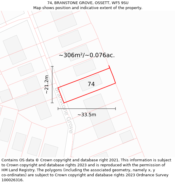 74, BRANSTONE GROVE, OSSETT, WF5 9SU: Plot and title map