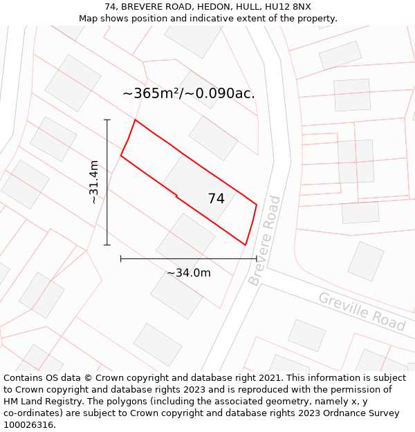 74, BREVERE ROAD, HEDON, HULL, HU12 8NX: Plot and title map