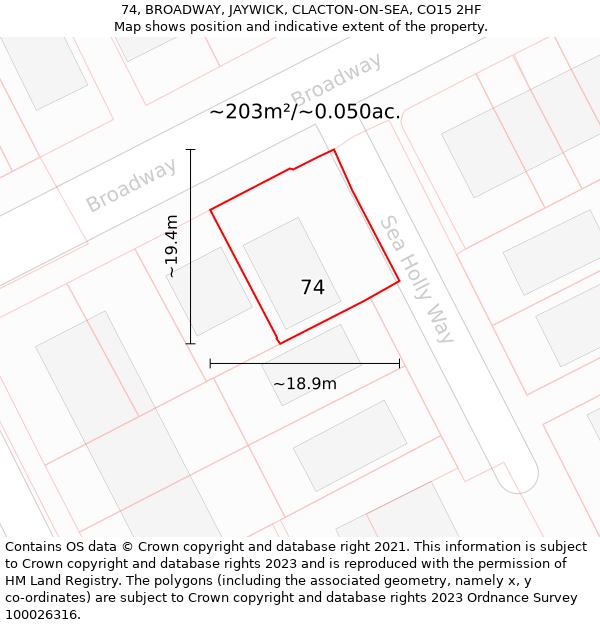 74, BROADWAY, JAYWICK, CLACTON-ON-SEA, CO15 2HF: Plot and title map