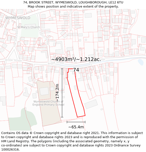 74, BROOK STREET, WYMESWOLD, LOUGHBOROUGH, LE12 6TU: Plot and title map