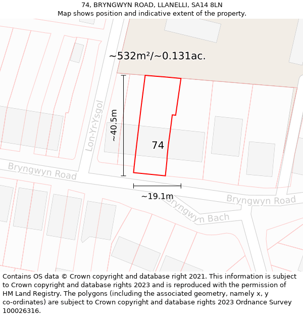 74, BRYNGWYN ROAD, LLANELLI, SA14 8LN: Plot and title map