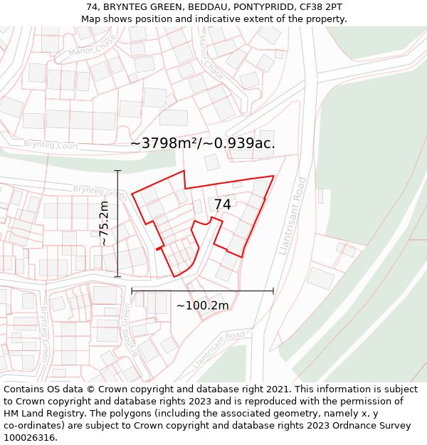 74, BRYNTEG GREEN, BEDDAU, PONTYPRIDD, CF38 2PT: Plot and title map