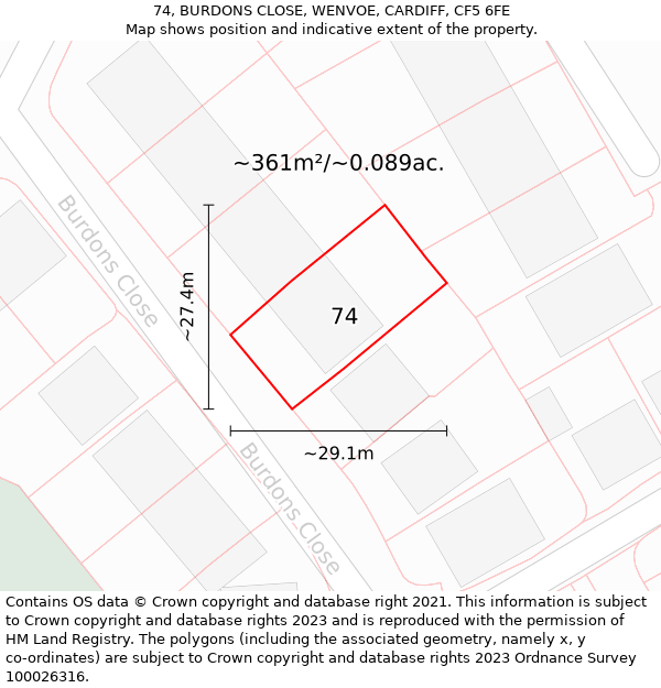 74, BURDONS CLOSE, WENVOE, CARDIFF, CF5 6FE: Plot and title map