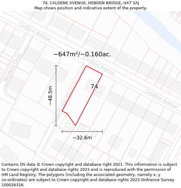 74, CALDENE AVENUE, HEBDEN BRIDGE, HX7 5AJ: Plot and title map