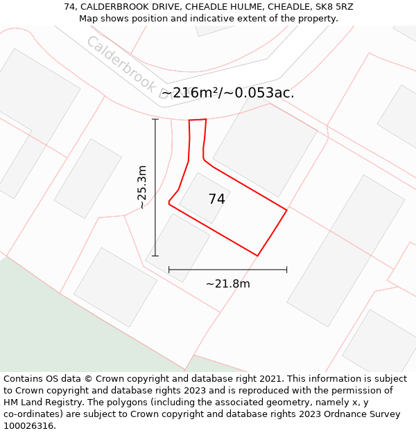 74, CALDERBROOK DRIVE, CHEADLE HULME, CHEADLE, SK8 5RZ: Plot and title map