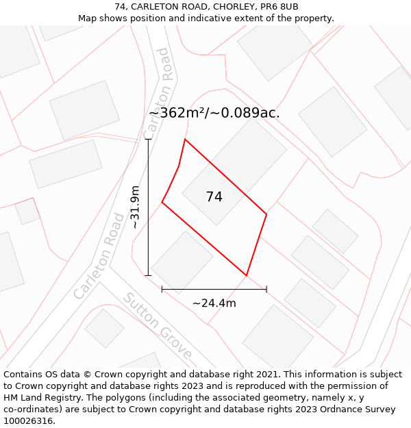 74, CARLETON ROAD, CHORLEY, PR6 8UB: Plot and title map