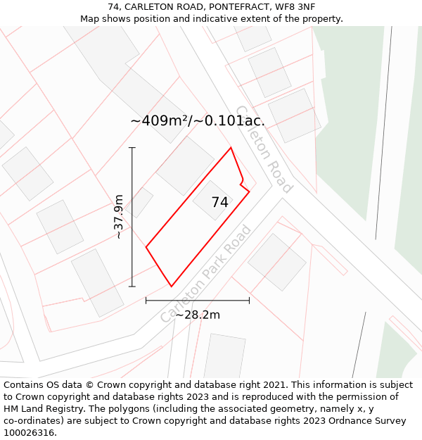 74, CARLETON ROAD, PONTEFRACT, WF8 3NF: Plot and title map