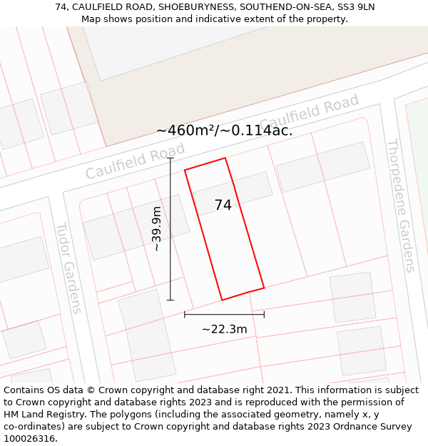 74, CAULFIELD ROAD, SHOEBURYNESS, SOUTHEND-ON-SEA, SS3 9LN: Plot and title map