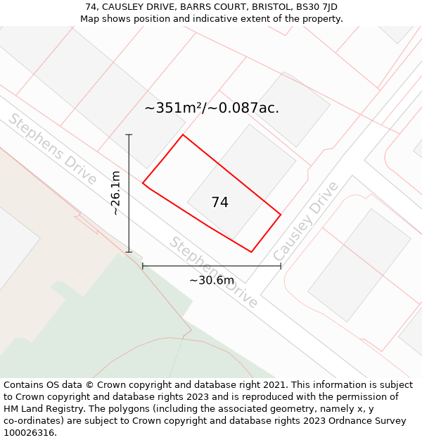 74, CAUSLEY DRIVE, BARRS COURT, BRISTOL, BS30 7JD: Plot and title map