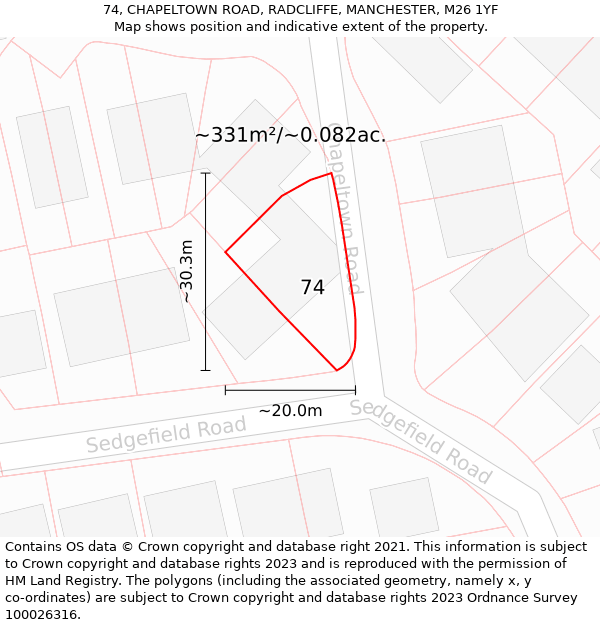 74, CHAPELTOWN ROAD, RADCLIFFE, MANCHESTER, M26 1YF: Plot and title map