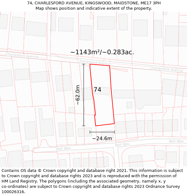 74, CHARLESFORD AVENUE, KINGSWOOD, MAIDSTONE, ME17 3PH: Plot and title map