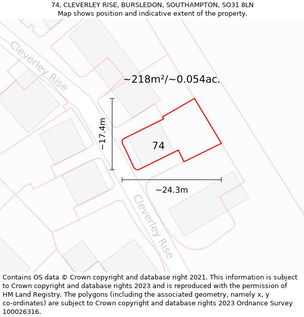 74, CLEVERLEY RISE, BURSLEDON, SOUTHAMPTON, SO31 8LN: Plot and title map