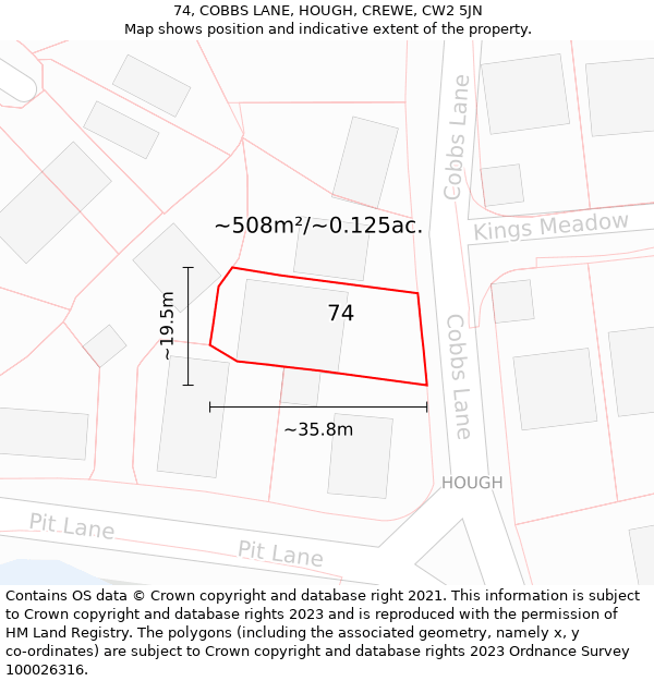 74, COBBS LANE, HOUGH, CREWE, CW2 5JN: Plot and title map