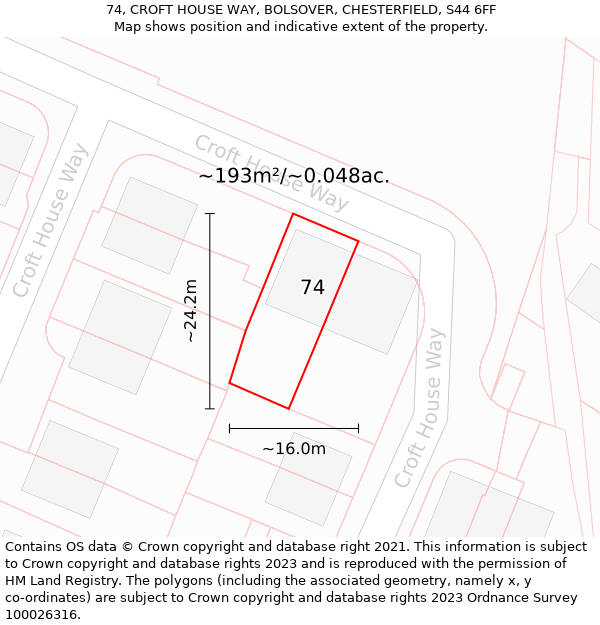 74, CROFT HOUSE WAY, BOLSOVER, CHESTERFIELD, S44 6FF: Plot and title map