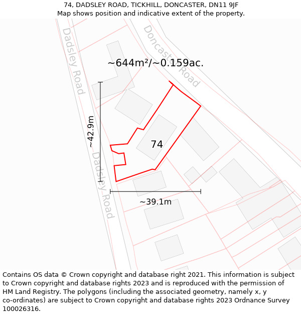 74, DADSLEY ROAD, TICKHILL, DONCASTER, DN11 9JF: Plot and title map