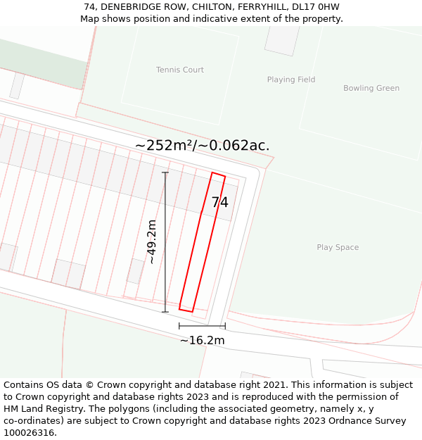 74, DENEBRIDGE ROW, CHILTON, FERRYHILL, DL17 0HW: Plot and title map