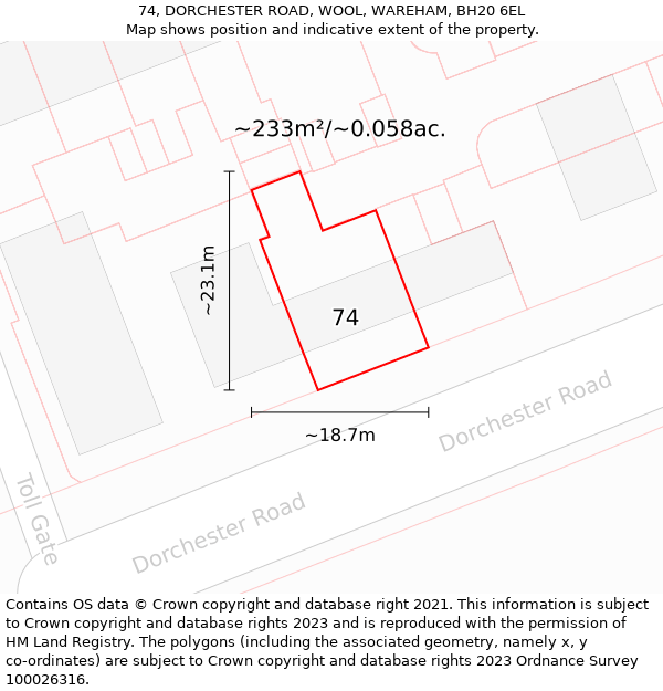 74, DORCHESTER ROAD, WOOL, WAREHAM, BH20 6EL: Plot and title map