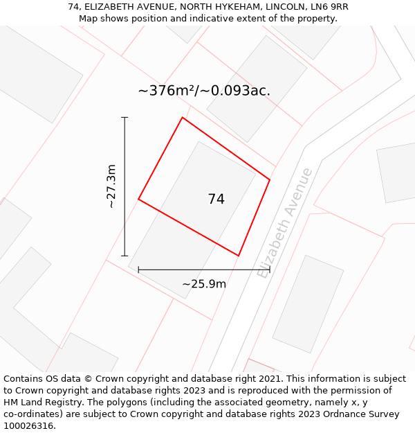 74, ELIZABETH AVENUE, NORTH HYKEHAM, LINCOLN, LN6 9RR: Plot and title map