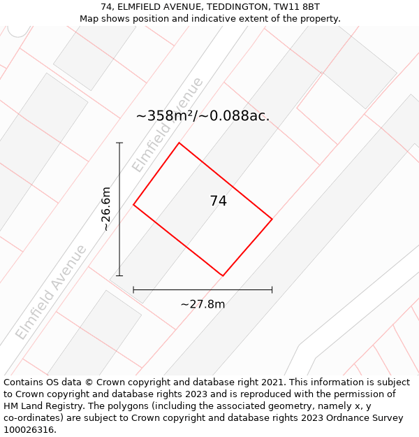 74, ELMFIELD AVENUE, TEDDINGTON, TW11 8BT: Plot and title map