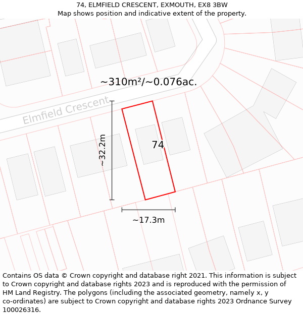 74, ELMFIELD CRESCENT, EXMOUTH, EX8 3BW: Plot and title map