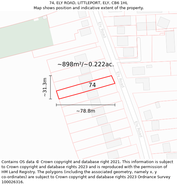 74, ELY ROAD, LITTLEPORT, ELY, CB6 1HL: Plot and title map