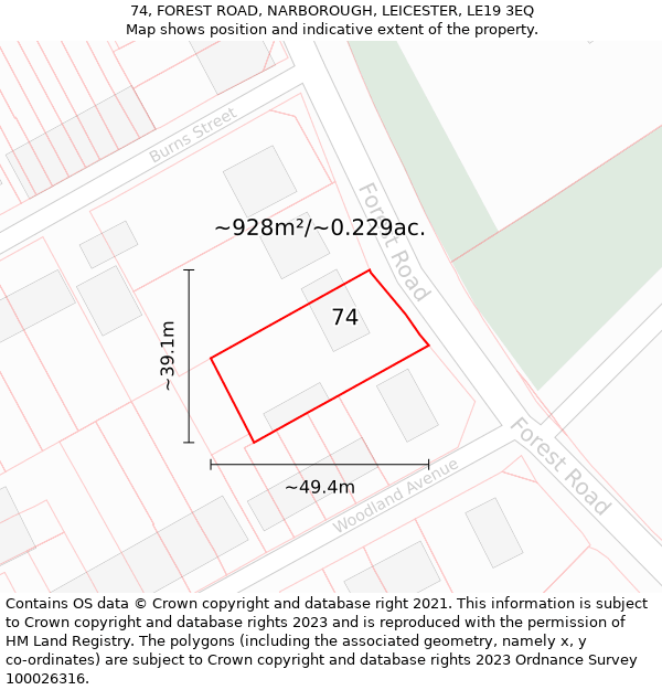 74, FOREST ROAD, NARBOROUGH, LEICESTER, LE19 3EQ: Plot and title map