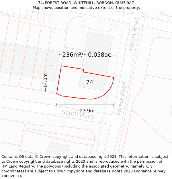 74, FOREST ROAD, WHITEHILL, BORDON, GU35 9AZ: Plot and title map