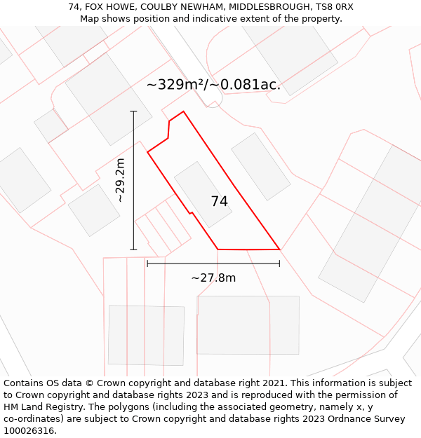 74, FOX HOWE, COULBY NEWHAM, MIDDLESBROUGH, TS8 0RX: Plot and title map