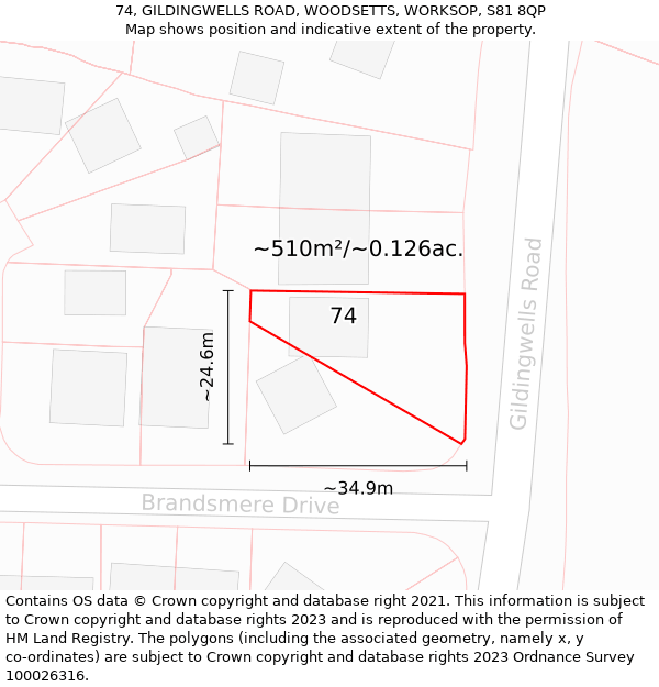 74, GILDINGWELLS ROAD, WOODSETTS, WORKSOP, S81 8QP: Plot and title map