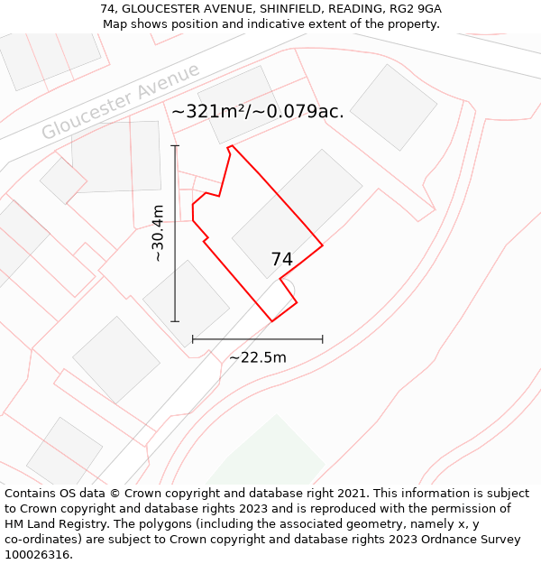 74, GLOUCESTER AVENUE, SHINFIELD, READING, RG2 9GA: Plot and title map