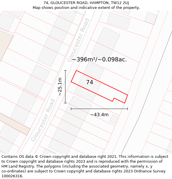 74, GLOUCESTER ROAD, HAMPTON, TW12 2UJ: Plot and title map