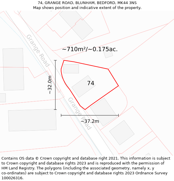 74, GRANGE ROAD, BLUNHAM, BEDFORD, MK44 3NS: Plot and title map