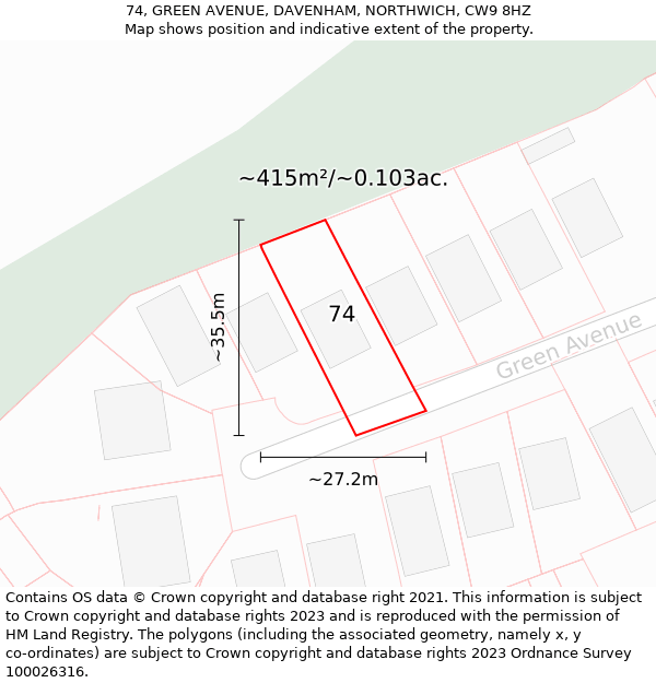 74, GREEN AVENUE, DAVENHAM, NORTHWICH, CW9 8HZ: Plot and title map