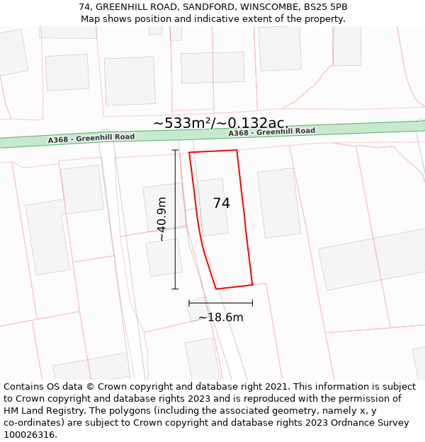 74, GREENHILL ROAD, SANDFORD, WINSCOMBE, BS25 5PB: Plot and title map