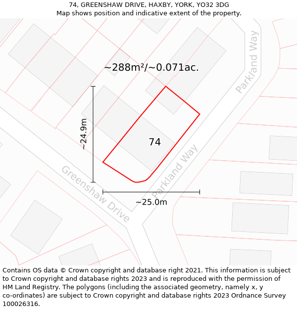 74, GREENSHAW DRIVE, HAXBY, YORK, YO32 3DG: Plot and title map