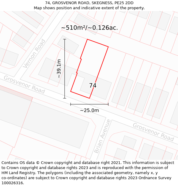 74, GROSVENOR ROAD, SKEGNESS, PE25 2DD: Plot and title map