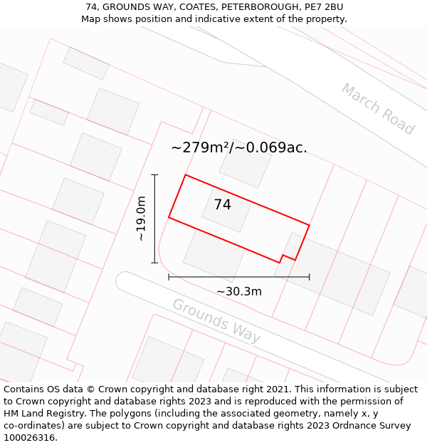 74, GROUNDS WAY, COATES, PETERBOROUGH, PE7 2BU: Plot and title map