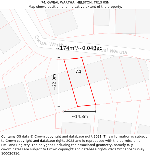 74, GWEAL WARTHA, HELSTON, TR13 0SN: Plot and title map