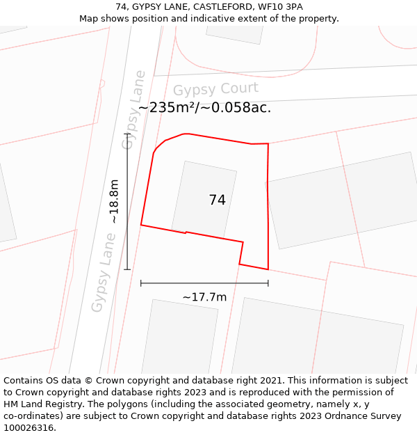 74, GYPSY LANE, CASTLEFORD, WF10 3PA: Plot and title map