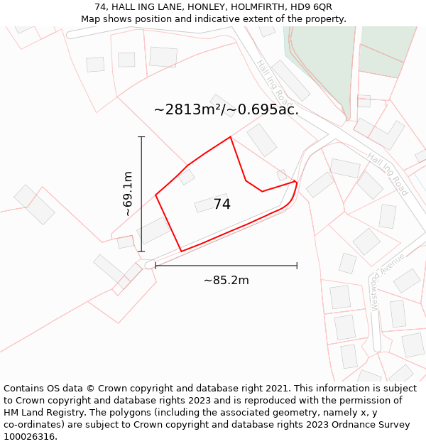 74, HALL ING LANE, HONLEY, HOLMFIRTH, HD9 6QR: Plot and title map