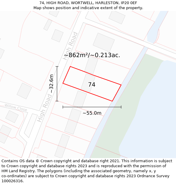 74, HIGH ROAD, WORTWELL, HARLESTON, IP20 0EF: Plot and title map