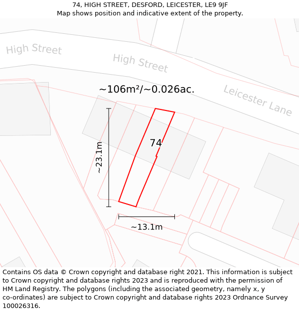 74, HIGH STREET, DESFORD, LEICESTER, LE9 9JF: Plot and title map