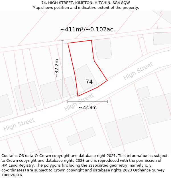 74, HIGH STREET, KIMPTON, HITCHIN, SG4 8QW: Plot and title map