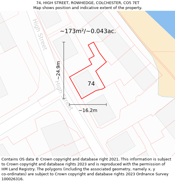 74, HIGH STREET, ROWHEDGE, COLCHESTER, CO5 7ET: Plot and title map