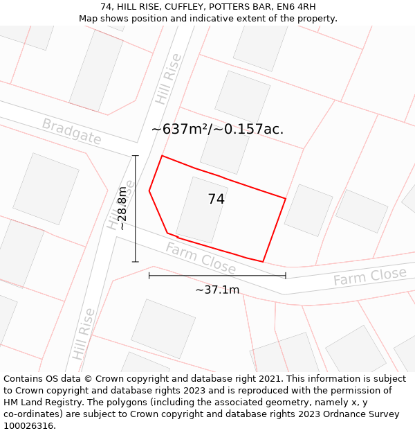 74, HILL RISE, CUFFLEY, POTTERS BAR, EN6 4RH: Plot and title map